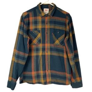 Levi's Blue Orange Plaid Flannel Shirt M Button Up Collared Long Sleeve Pockets